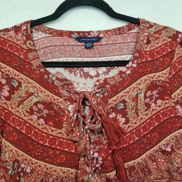 American Eagle Womens Medium Boho Peasant Top Red Paisley Balloon Sleeve Viscose - Picture 5 of 11